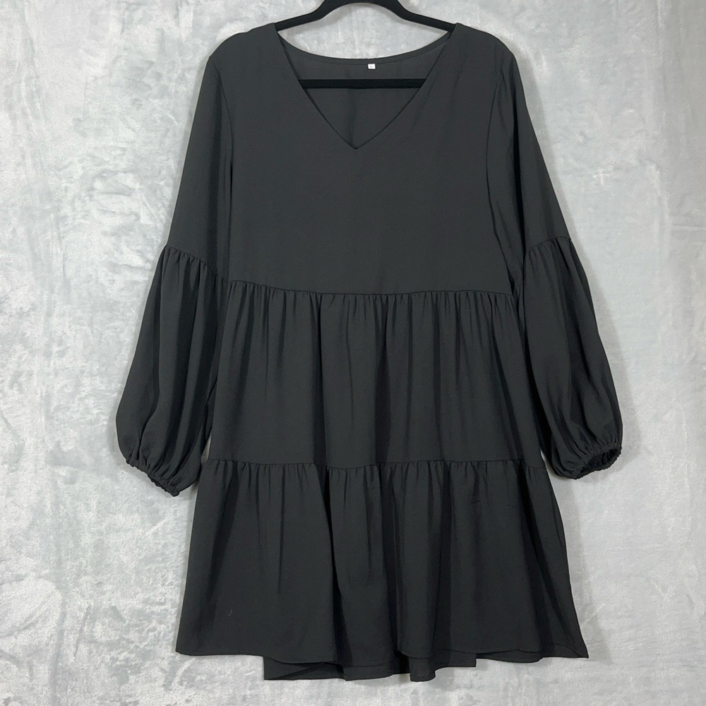 Tiered A-line Black Dress Long Sleeve Tunic Midi‎ Lagenlook Flowy V-Neck Size L